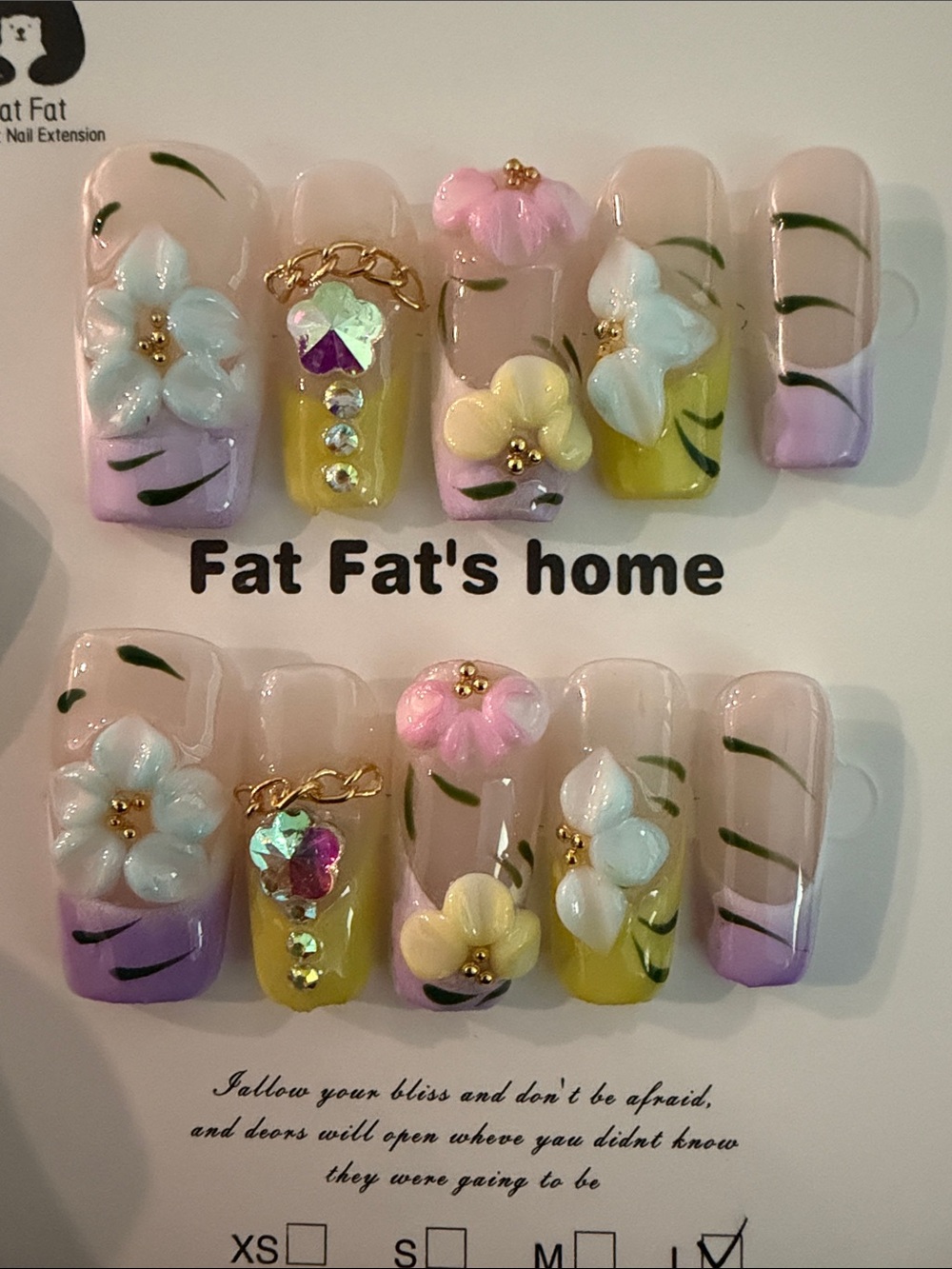 3D Floral handmade acrylic Press-On Nails in Pastel Yellow, Pink & Lavender
